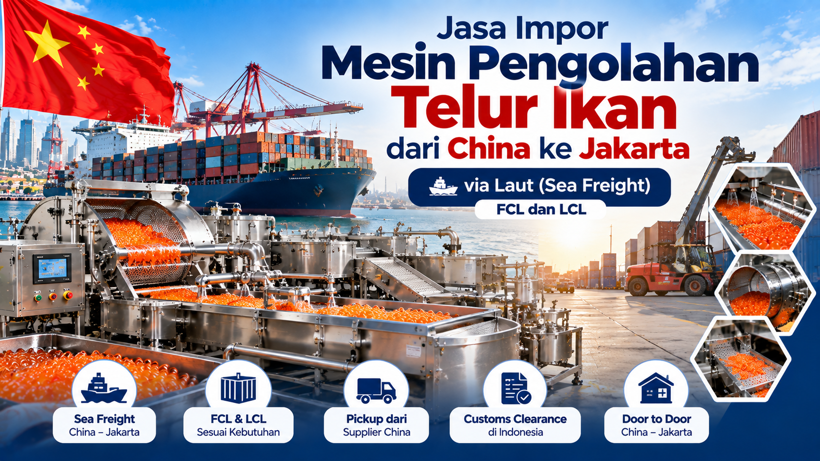 Jasa Impor Mesin Pengolahan Telur Ikan dari China ke Jakarta via Laut FCL dan LCL